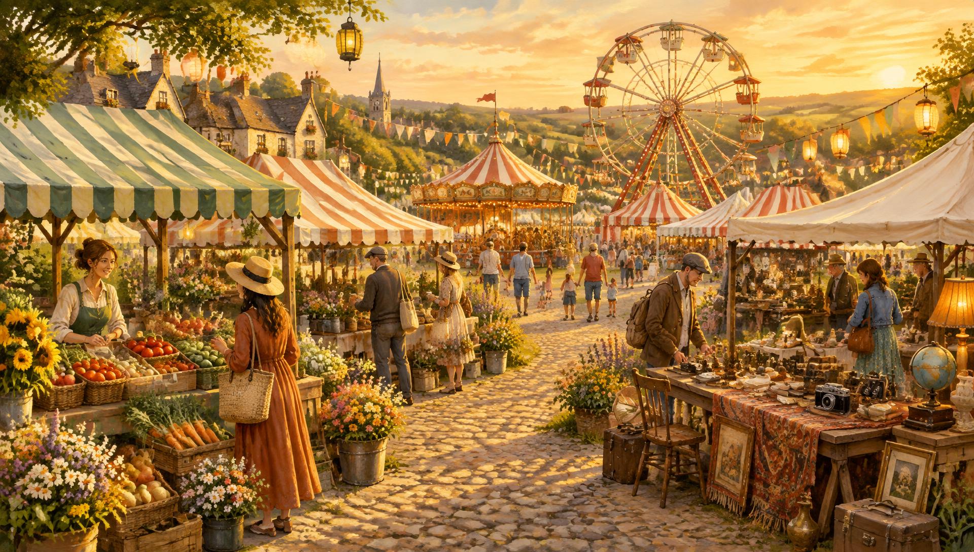 An illustrated village fairground with market stalls, tents and a ferris wheel